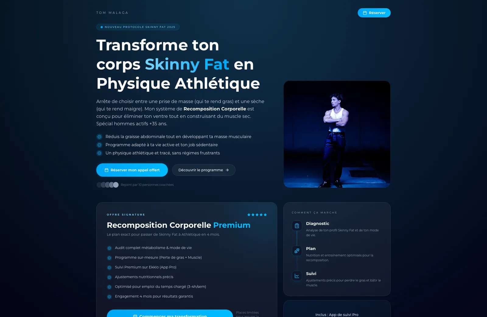 Page d'accueil du site de coaching de Tom Malaga, réalisé par UpNet Solutions